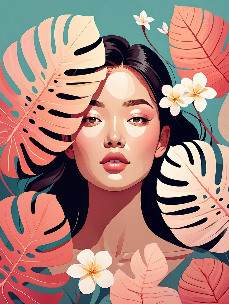 portrait, flower background, flower wallpaper, woman, monstera leaves, flowers, drawing, exotic, natural, feminine, beauty, aesthetics, digital art, silhouette, luxury, style, fashion, red, beautiful flowers, nature, colorful, art