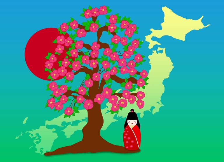 cherry blossoms, tree, japan map, kimono, doll, nature, sun, flag, drawing, design, japan