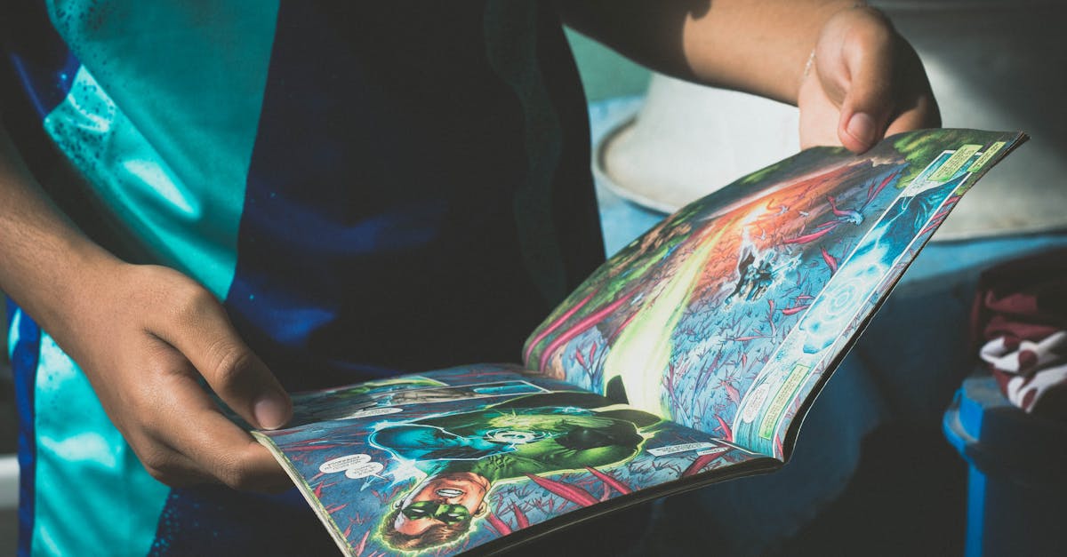 A teenager reading a colorful superhero comic book indoors, enjoying a relaxed moment.